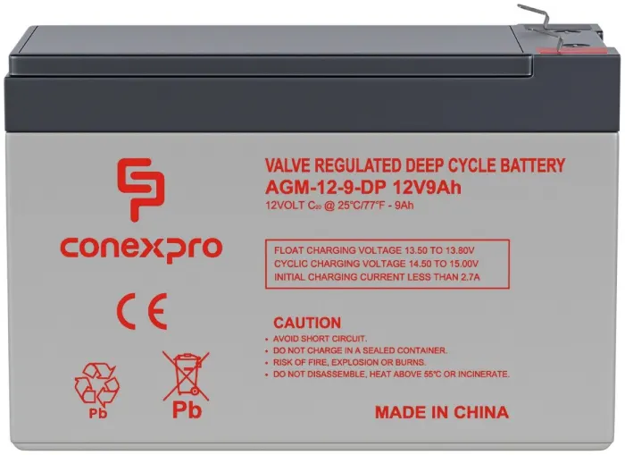 Conexpro batery AGM 12V, 9Ah, lifetime 10 years, Faston 6,3mm, Deep cycle