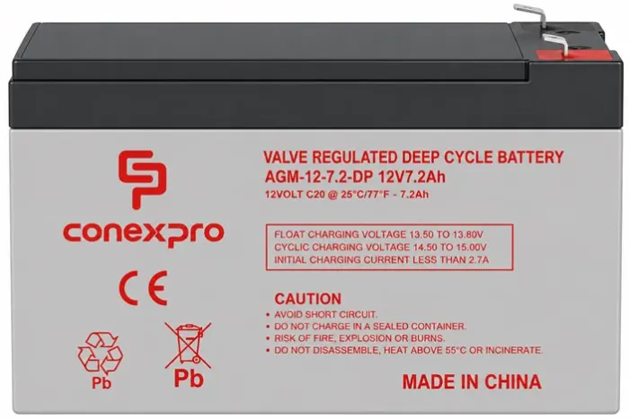 Conexpro batery AGM 12V, 7.2Ah, lifetime 10 years, Faston 6,3mm, Deep cycle