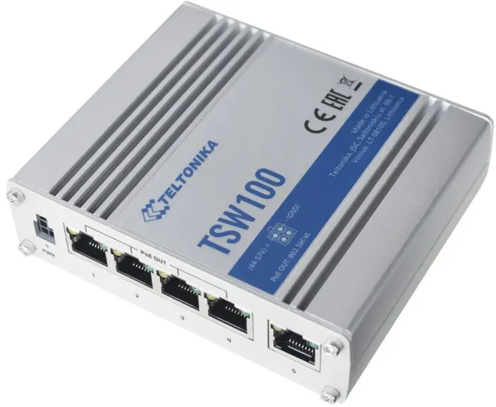 Teltonika TSW100 Industrial unmanaged PoE switch, 5x GLAN, 4x PoE