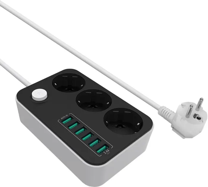 ColorWay CW-CHE36B, Extension power cable, 3 sockets, 6x USB, 1.8m