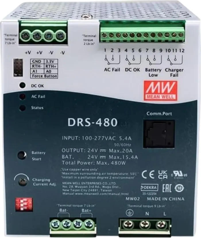MEAN WELL DRS-480-24, Programmable backup power supply for DIN rail 480W, 24V