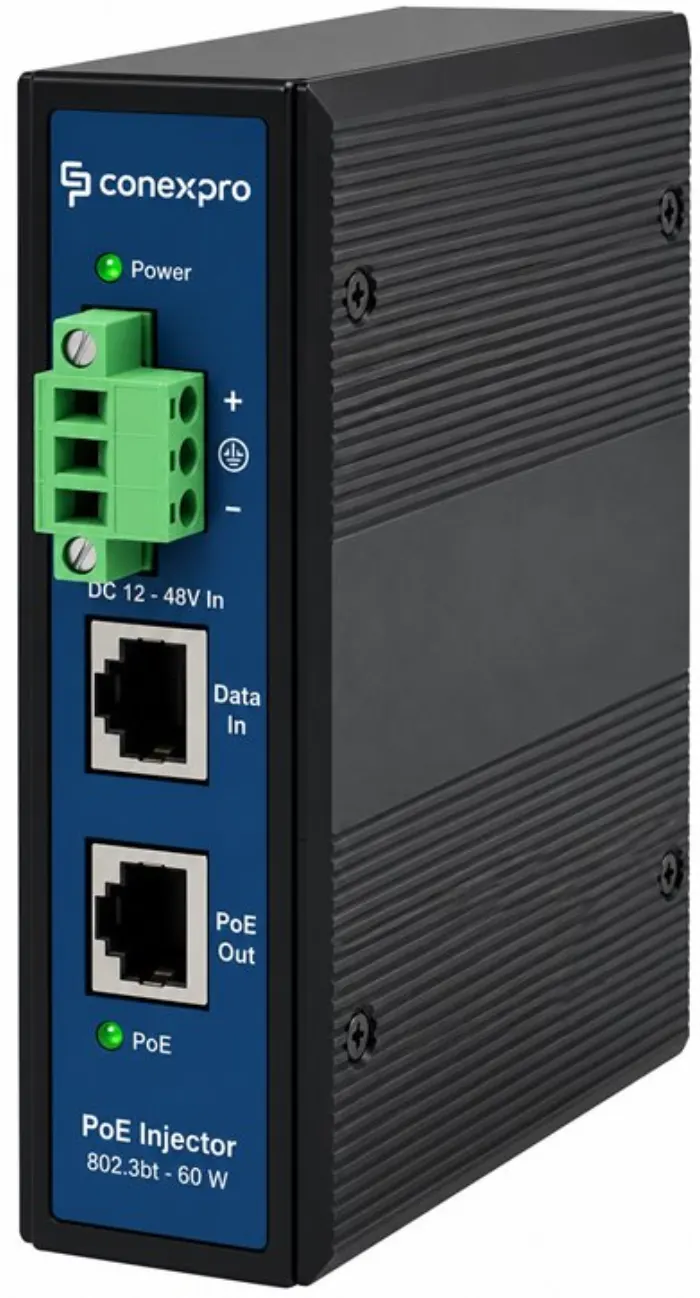 Conexpro Gigabit PoE injector for DIN rail, input 12-48V DC, 802.3af/at/bt, 60W